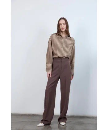 Pilesiz Palazzo Paça Kahverengi Kumaş Pantolon