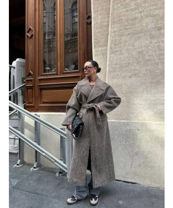 Bağlamalı Tüy Dokulu Yün Kaban-Vizon