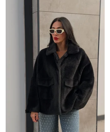 Cepli Alpaka Kürk Kısa Kaban-Siyah