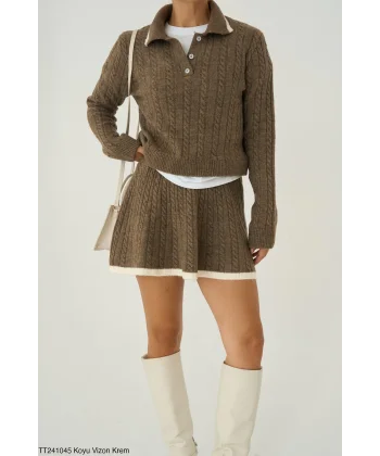 Triko Kazak Etek İkili Takım-Kahve