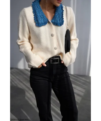 Mavi Bebe Yaka Hırka-Krem