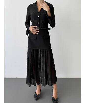 Tül Garnili Kemerli Midi Boy Etek-Siyah