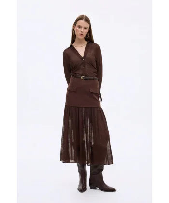 Tül Garnili Kemerli Midi Boy Etek-Kahverengi