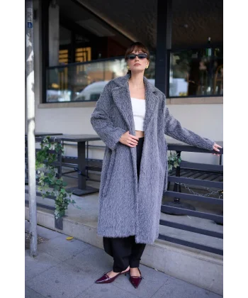 Bağlamalı Tüy Dokulu Gri Kürk Kaban