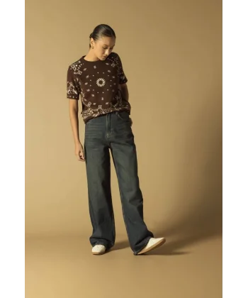 Baskılı Triko Kısa Kol Kazak-Kahverengi