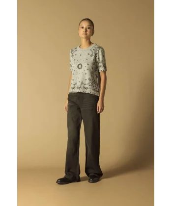 Baskılı Triko Kısa Kol Kazak-Gri