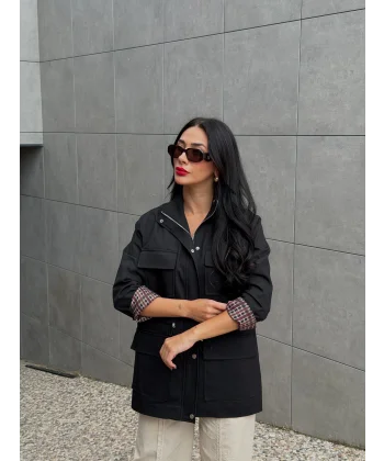 Tiffany Ekose Astarlı Trençkot-Siyah