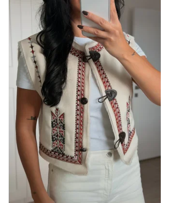 Nakış İşlemeli Süet Yelek-Taş