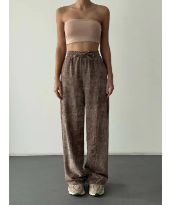Beli Lastikli Kadife Pantolon-Kahve