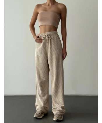 Beli Lastikli Kadife Pantolon-Krem