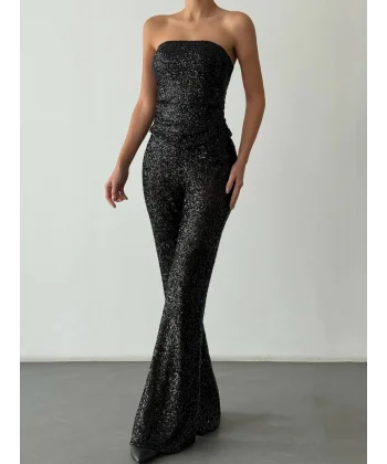 Payetli Straplez Bluz Pantolon Takım-Siyah