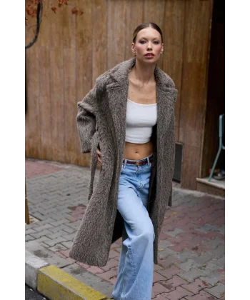 Bağlamalı Tüy Dokulu Vizon Kürk Kaban