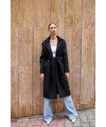 Bağlamalı Tüy Dokulu Siyah Kürk Kaban