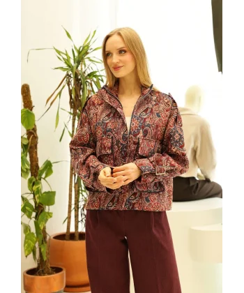 Etnik Desen Kısa Ceket-Bordo