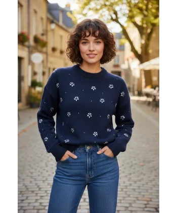 Çiçek Taşlı Triko Lacivert Kazak
