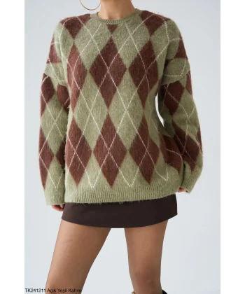 Baklava Desen Uzun Kazak-Yeşil/Kahve