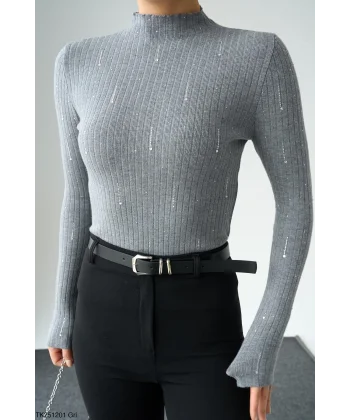 Taşlı Uzun Kol Kazak-Gri