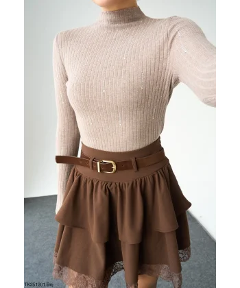 Taşlı Uzun Kol Kazak-Bej