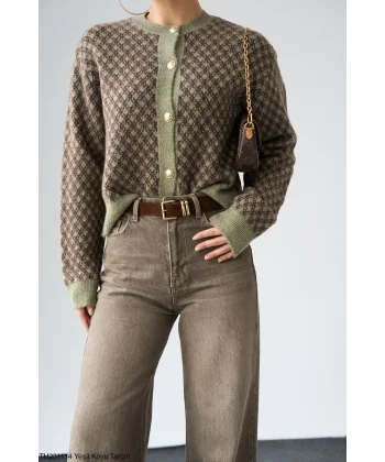 Gold Düğme Desenli Kısa Hırka-Yeşil