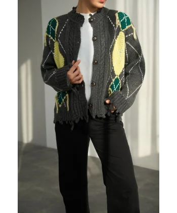 Baklava Desen Saçaklı Hırka-Gri