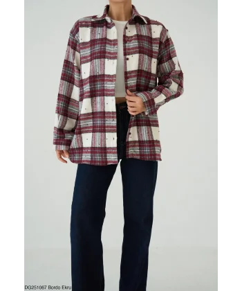 Boncuk İşlemeli Desenli Bordo Gömlek