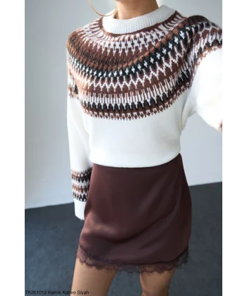 Desenli Bisiklet Yaka Kazak-Ekru