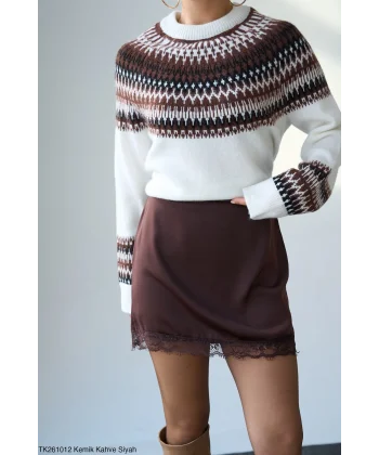 Desenli Bisiklet Yaka Kazak-Ekru