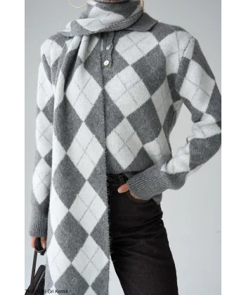 Baklava Desen Atkılı Gri Kazak