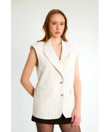 Pul Detaylı Şeritli Uzun Kruvaze Yelek-Ekru