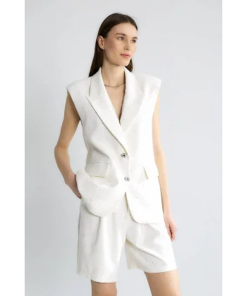 Pul Detaylı Uzun Kruvaze Yelek-Ekru