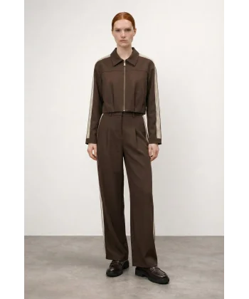 Ön Pileli Şeritli Crop Ceket Kahve