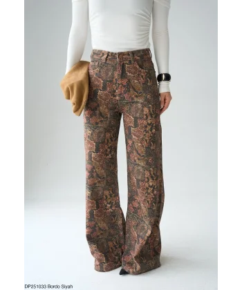 Etnik Desenli Geniş Paça Denim Pantolon