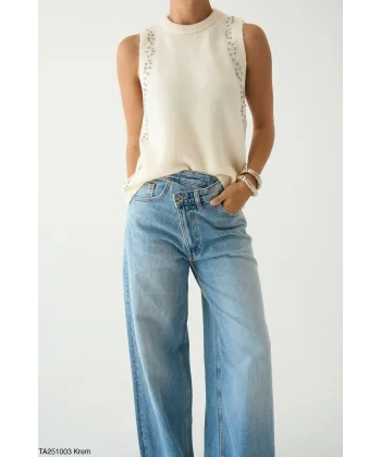 Taş İşlemeli Triko Atlet Bej