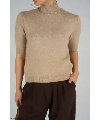 Boğazlı Kısa Kol Triko Kazak-Bej