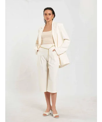 Zincir Kemerli Bermuda Pantolon-Ekru