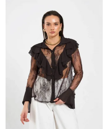 Fırfır Detaylı Taş İşlemeli Dantel Bluz-Kahverengi