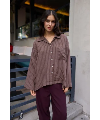 Çizgili Kahverengi Oversize Gömlek