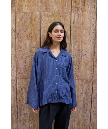 Çizgili Lacivert Oversize Gömlek