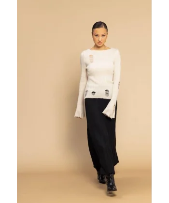 Yırtık Detaylı Triko Kazak-Taş