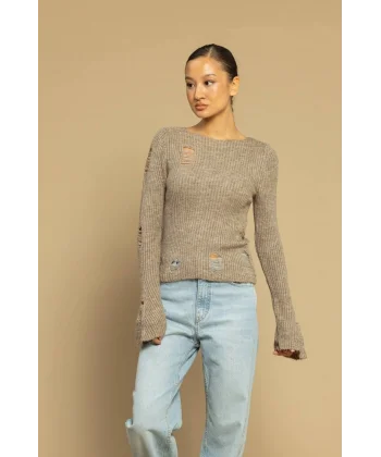 Yırtık Detaylı Triko Kazak-Vizon