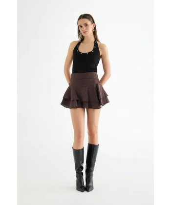 Katlı Volanlı Mini Etek Kahverengi