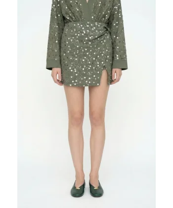 Pul İşlemeli Anvelop Mini Etek Haki