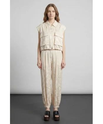 Jakar Desenli Saten Yelek Bej