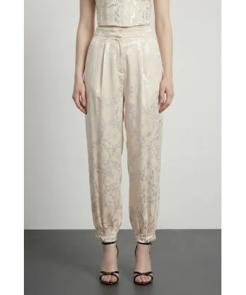 Jakarlı Ballon Fit Desenli Pantolon Bej