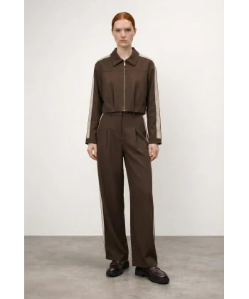 Ön Pileli Şeritli Bol Paça Pantolon Kahverengi