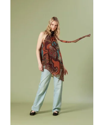 Desenli Asimetrik Bluz-Kahverengi