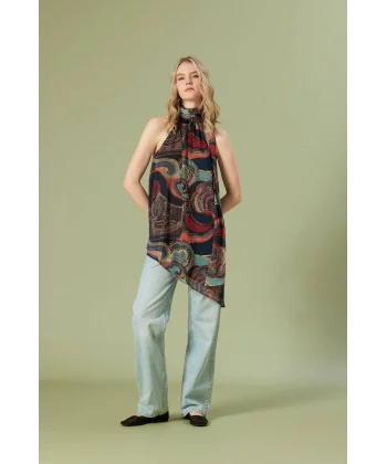 Desenli Asimetrik Bluz-Lacivert