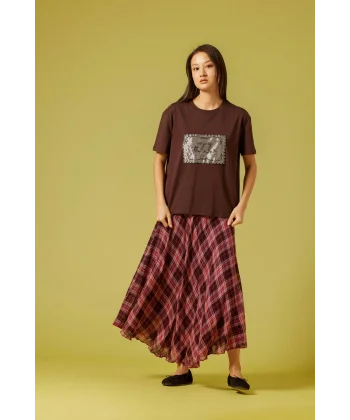 Organze Nakış Detaylı Kahverengi Tişört