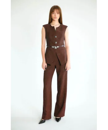 Pul İşlemeli Kemerli Yelek Pantolon Takım-Kahve