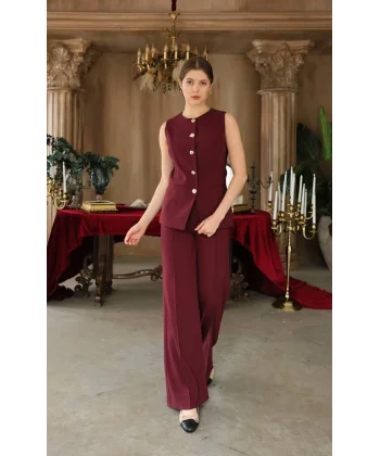 Gold Düğme Yelek Pantolon Takım - Bordo